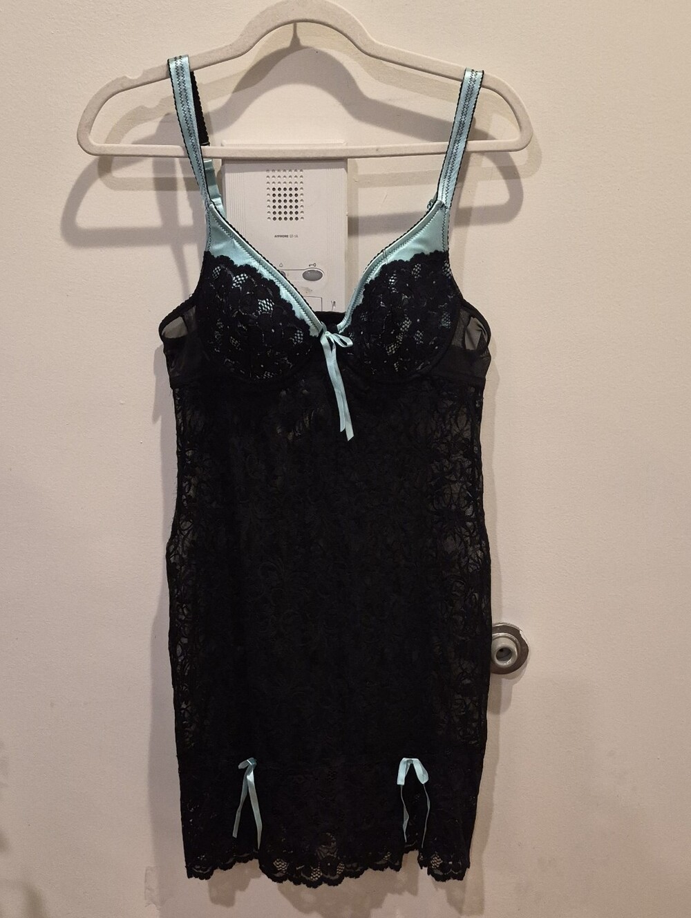 Black Lace Chemise with Teal Satin Accents